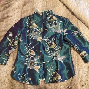 Blue Chinese embroidered button up mandarin collar